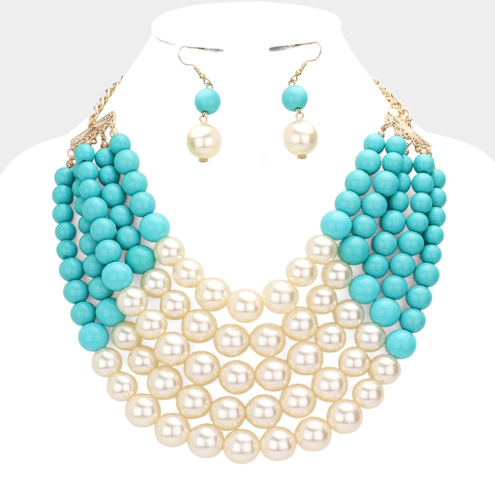Multi Layered Turquoise & Cream Pearl Necklace Set